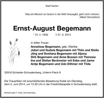Anzeige  Ernst-August Begemann  Lippische Landes-Zeitung