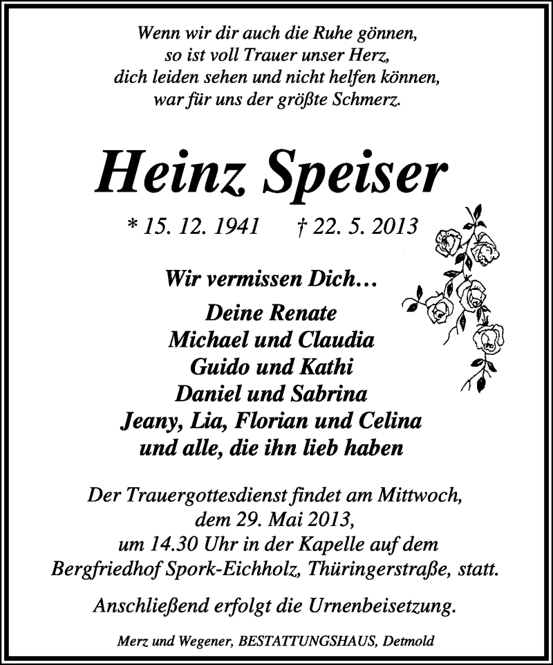  Traueranzeige für Heinz Speiser vom 25.05.2013 aus Lippische Landes-Zeitung