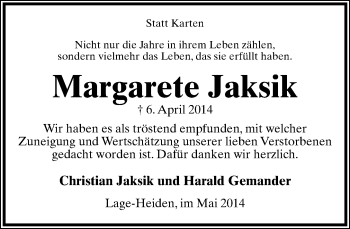 Anzeige  Margarete Jaksik  Lippische Landes-Zeitung