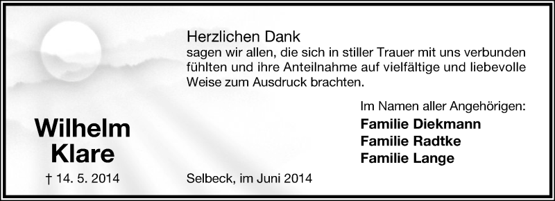  Traueranzeige für Wilhelm Klare vom 14.06.2014 aus Lippische Landes-Zeitung