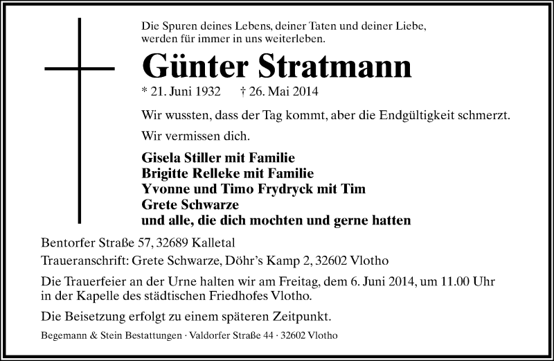  Traueranzeige für Günter Stratmann vom 31.05.2014 aus Lippische Landes-Zeitung