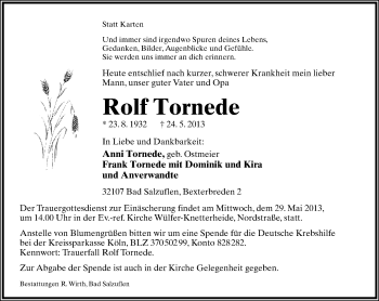 Anzeige  Rolf Tornede  Lippische Landes-Zeitung