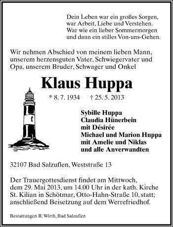 Anzeige  Klaus Huppa  Lippische Landes-Zeitung