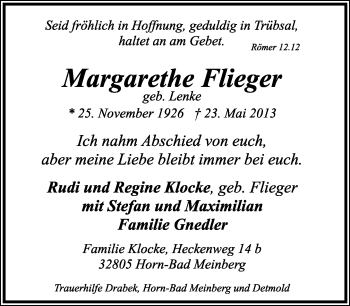 Anzeige  Margarethe Flieger  Lippische Landes-Zeitung