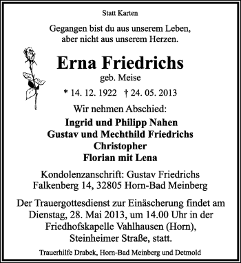 Anzeige  Erna Friedrichs  Lippische Landes-Zeitung