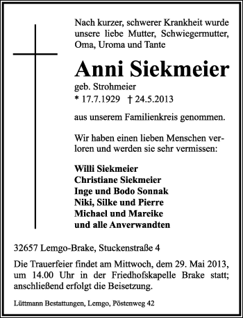Anzeige  Anni Siekmeier  Lippische Landes-Zeitung