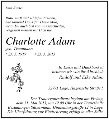 Anzeige  Charlotte Adam  Lippische Landes-Zeitung