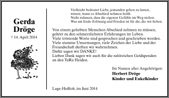 Anzeige  Gerda Dröge  Lippische Landes-Zeitung