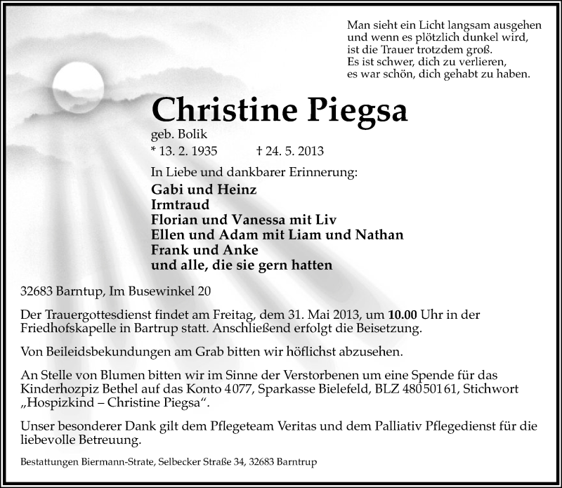  Traueranzeige für Christine Piegsa vom 28.05.2013 aus Lippische Landes-Zeitung