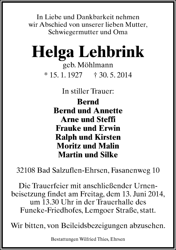  Traueranzeige für Helga Lehbrink vom 02.06.2014 aus Lippische Landes-Zeitung