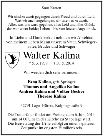 Anzeige  Walter Kalina  Lippische Landes-Zeitung