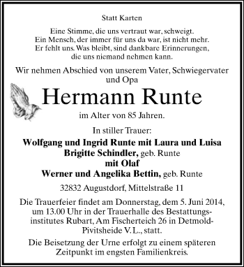 Anzeige  Hermann Runte  Lippische Landes-Zeitung