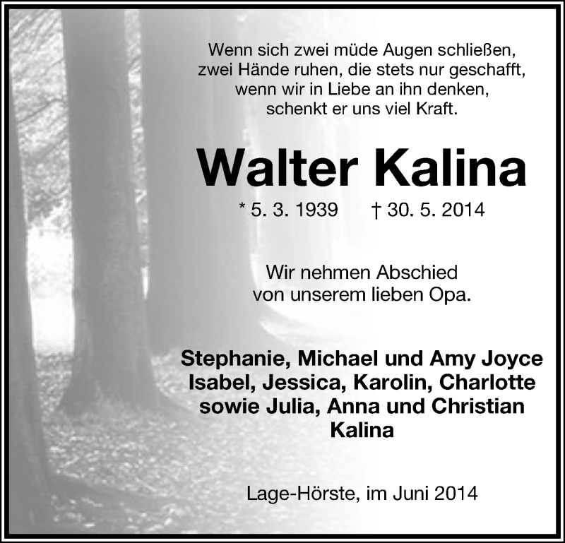  Traueranzeige für Walter Kalina vom 02.06.2014 aus Lippische Landes-Zeitung