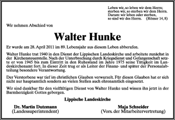 Anzeige  Walter Hunke  Lippische Landes-Zeitung