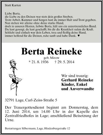 Anzeige  Berta Reineke  Lippische Landes-Zeitung