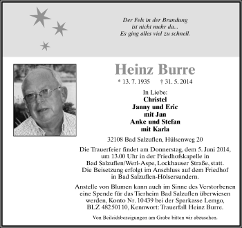 Anzeige  Heinz Burre  Lippische Landes-Zeitung