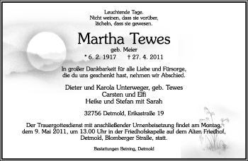 Anzeige  Martha Tewes  Lippische Landes-Zeitung