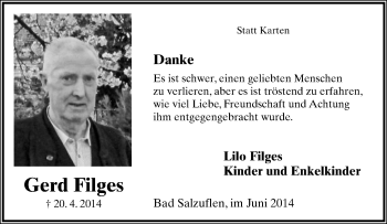 Anzeige  Gerd Filges  Lippische Landes-Zeitung