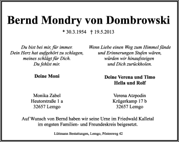 Anzeige  Bernd Mondry von Dombrowski  Lippische Landes-Zeitung