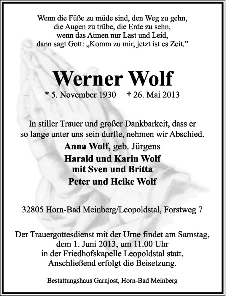  Traueranzeige für Werner Wolf vom 28.05.2013 aus Lippische Landes-Zeitung