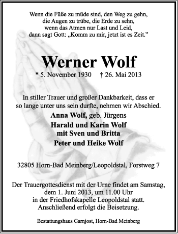 Anzeige  Werner Wolf  Lippische Landes-Zeitung