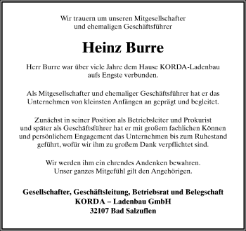 Anzeige  Heinz Burre  Lippische Landes-Zeitung