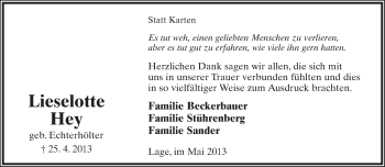 Anzeige  Lieselotte Hey  Lippische Landes-Zeitung