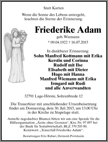 Anzeige  Friederike Adam  Lippische Landes-Zeitung