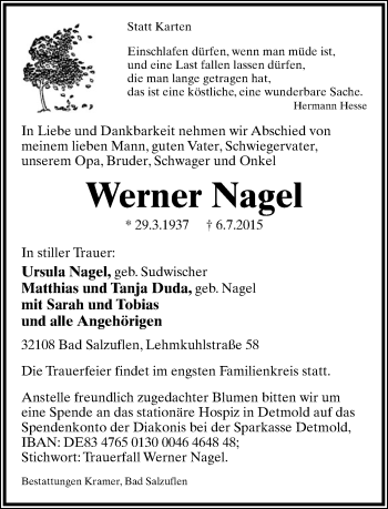 Anzeige  Werner Nagel  Lippische Landes-Zeitung