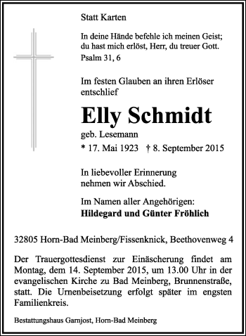 Anzeige  Elly Schmidt  Lippische Landes-Zeitung