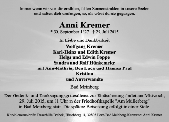 Anzeige  Anni Kremer  Lippische Landes-Zeitung