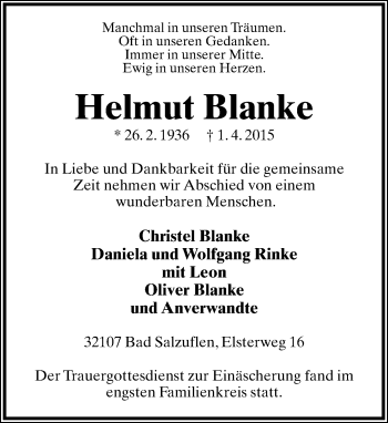 Anzeige  Helmut Blanke  Lippische Landes-Zeitung
