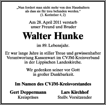 Anzeige  Walter Hunke  Lippische Landes-Zeitung