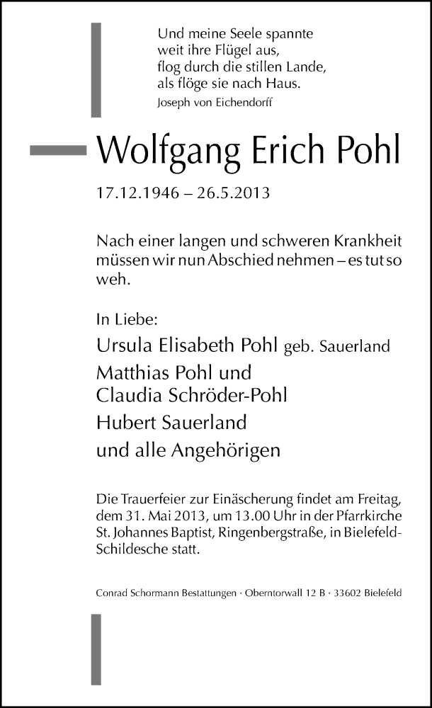  Traueranzeige für Wolfgang Erich Pohl vom 28.05.2013 aus Lippische Landes-Zeitung