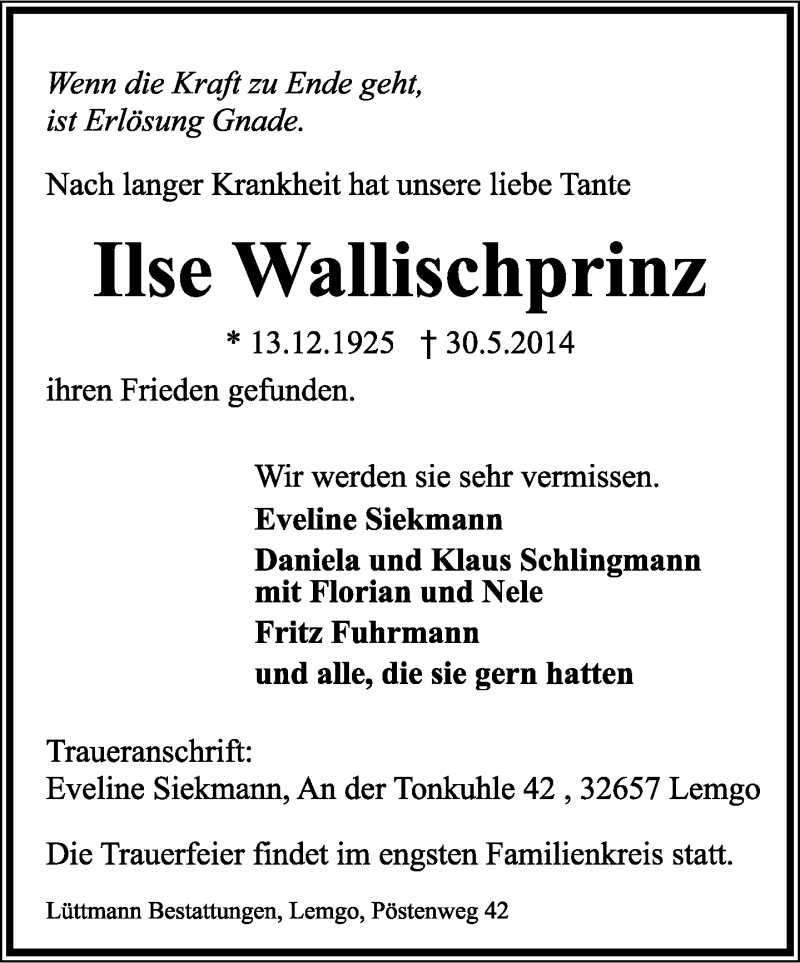  Traueranzeige für Ilse Wallischprinz vom 07.06.2014 aus Lippische Landes-Zeitung