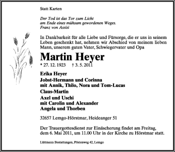 Anzeige  Martin Heyer  Lippische Landes-Zeitung