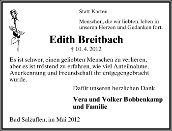 Anzeige  Edith Breitbach  Lippische Landes-Zeitung
