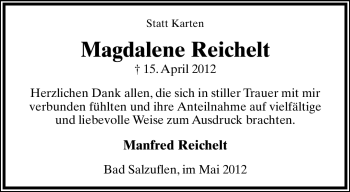 Anzeige  Magdalene Reichelt  Lippische Landes-Zeitung
