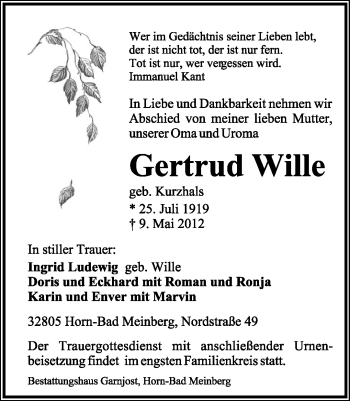 Anzeige  Gertrud Wille  Lippische Landes-Zeitung