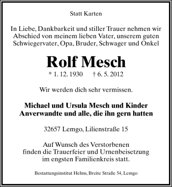 Anzeige  Rolf Mesch  Lippische Landes-Zeitung