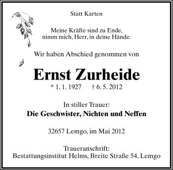 Anzeige  Ernst Zurheide  Lippische Landes-Zeitung