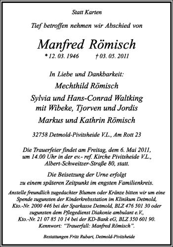 Anzeige  Manfred Römisch  Lippische Landes-Zeitung