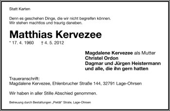 Anzeige  Matthias Kevezee  Lippische Landes-Zeitung