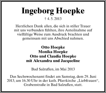 Anzeige  Ingeborg Hoepke  Lippische Landes-Zeitung