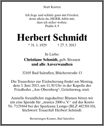 Anzeige  Herbert Schmidt  Lippische Landes-Zeitung