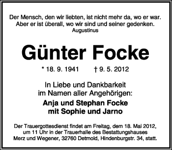 Anzeige  Günter Focke  Lippische Landes-Zeitung