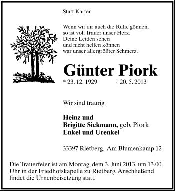 Anzeige  Günter Piork  Lippische Landes-Zeitung