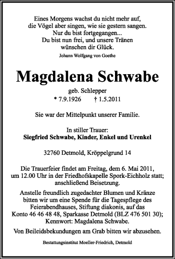 Anzeige  Magdalena Schwabe  Lippische Landes-Zeitung