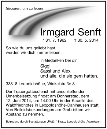 Anzeige  Irmgard Senft  Lippische Landes-Zeitung