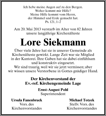 Anzeige  Lore Siekmann  Lippische Landes-Zeitung